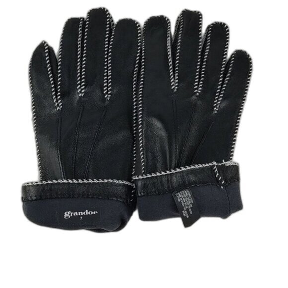 Grandoe 100% Leather Gloves Black Vintage EUC Size 7 / Small Lined - Picture 9 of 9
